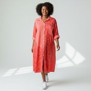 Frocella Coral Button-Up Dress with Black Cursive Script and Drawing Pattern